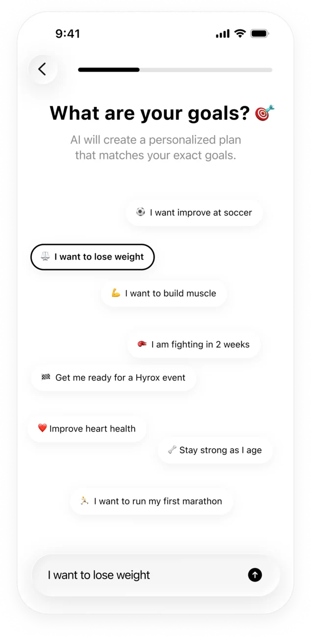 Trika goal screen listing spoken goals like running a first marathon or getting ready for a Hyrox event