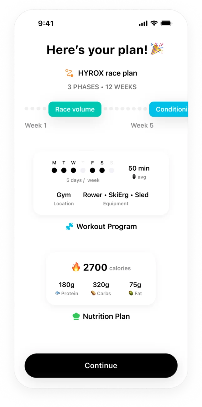 Trika plan screen showing a twelve-week race plan split into three phases, with daily calorie and macro targets
