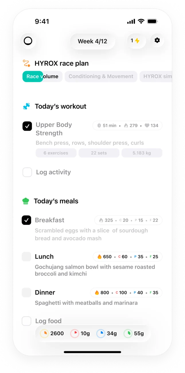 Trika today screen on week four of twelve, showing the day's workout and meals against the plan's phase