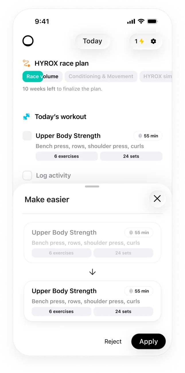 Trika showing an easier version of a workout side by side with the original, ready to accept or reject