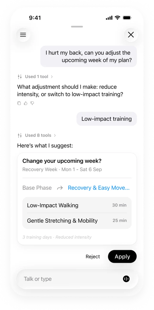 Trika coach conversation turning a reported back injury into a proposed recovery week