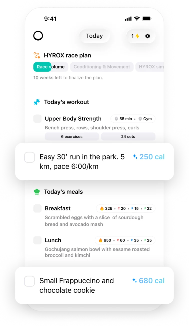 Trika logging a run and a snack written in plain language, each priced in calories