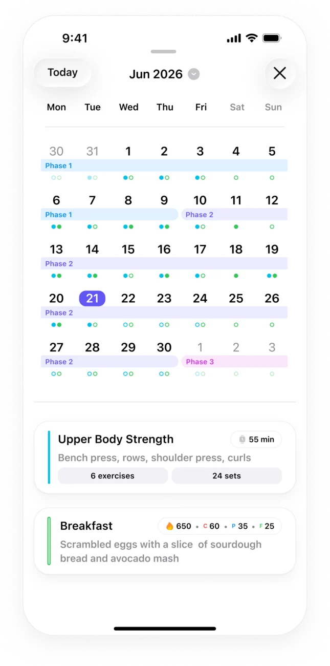 Trika calendar showing training phases banded across the month with a dot for each session, filled once completed